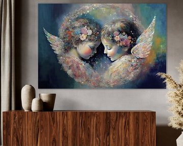 Engelen. Tweelingen omgeven door bloemen en Aura