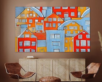 Rood oranje blauw huizen van Lily van Riemsdijk - Art Prints with Color