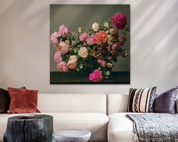 Stilleven van paarse, roze en witte bloemen en rozen geschilderd als in de jaren 1800 van Roger VDB