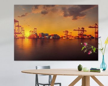 Cargo Harbour with Cranes at Sunset Illustration by Animaflora PicsStock