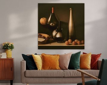 Surrealist still life with wine, fruit and cheese in front of a dark background by Roger VDB