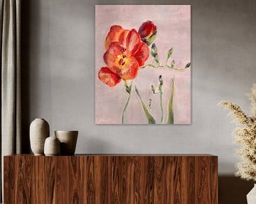 Freesia flower oil painting in red, yellow, orange and green on pink by Dina Dankers
