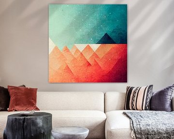 Bergen, bomen, zon, sterren en nacht, abstract werk van kleurrijke geometrische vormen