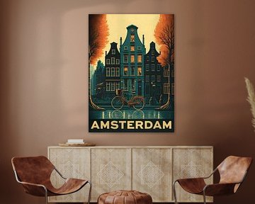 Amsterdam, vintage affiche met grachtenpanden en de Amstel
