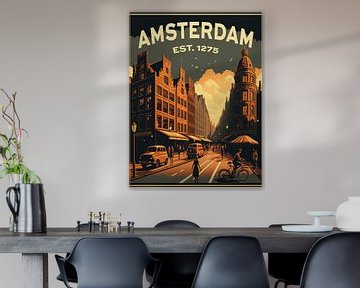 Amsterdam, Vintage-Poster mit Grachtenhäusern von Roger VDB
