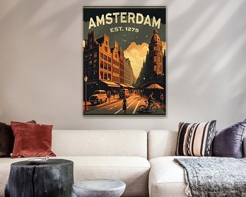 Amsterdam, vintage affiche met grachtenpanden