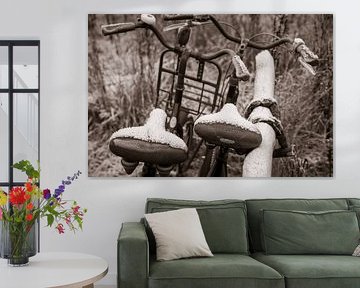 Two bikes chained with frozen saddle