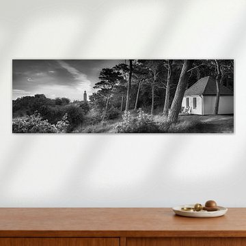 Landschaft mit Leuchtturm und Wald auf Hiddensee. Schwarzweiß