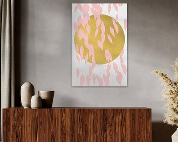 Japandi. Abstract botanical leaves in pastel pink with golden sun on white by Dina Dankers