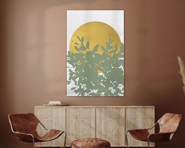 Japandi. Abstracte botanische twijgen in pastel saliegroen met gouden zon op wit van Dina Dankers