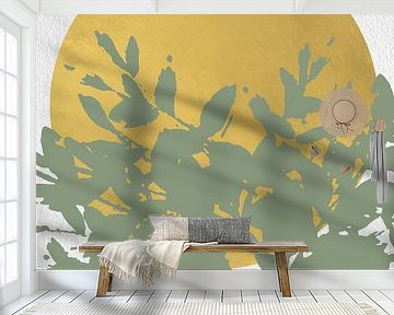 Japandi. Abstracte botanische twijgen in pastel saliegroen met gouden zon op wit van Dina Dankers