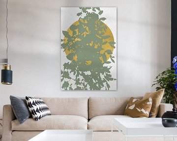 Japandi. Abstracte botanische takken in pastel saliegroen met gouden zon op wit van Dina Dankers