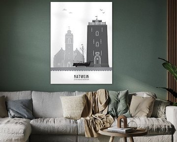 Skyline illustratie stad Katwijk zwart-wit-grijs van Mevrouw Emmer