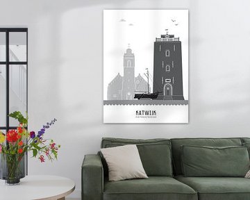 Skyline illustratie stad Katwijk zwart-wit-grijs