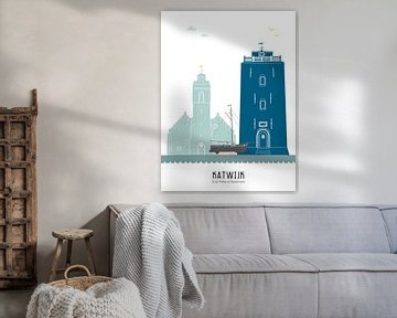 Skyline illustratie stad Katwijk in kleur van Mevrouw Emmer