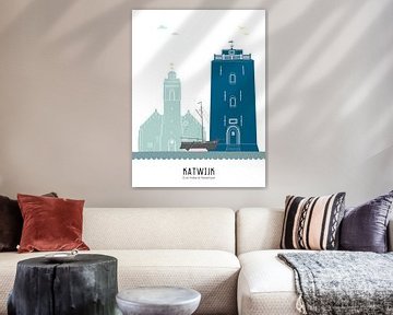 Skyline illustration city of Katwijk in colour by Mevrouw Emmer