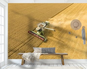 Combine oogst tarwe in de zomer gezien van bovenaf gezien van Sjoerd van der Wal Fotografie