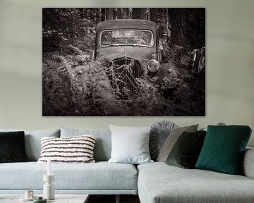 Une voiture ancienne abandonnée dans la forêt. sur Patrick Löbler