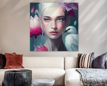 Woman with white bird & pink flowers van Bianca ter Riet