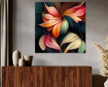 "Dansen met kleur", abstract botanisch schilderij van Studio Allee