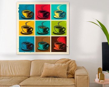 Collage van kopjes koffie in Pop Art stijl