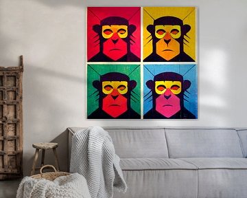 Kleurrijke collage van vier apen als comic figuur - pop art van Roger VDB
