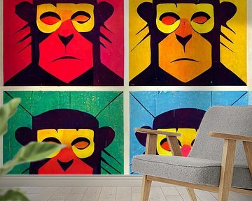 Kleurrijke collage van vier apen als comic figuur - pop art van Roger VDB