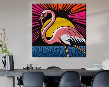 Pop Art Flamingo bij ondergaande zon van Roger VDB