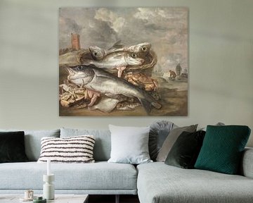Visstilleven aan de kust bij Egmond aan Zee, Abraham van Beijeren