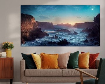 Coucher de soleil sur l'océan avec falaises Art Illustration sur Animaflora PicsStock