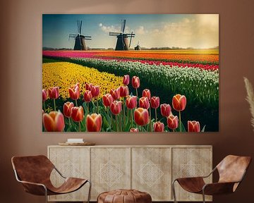 Moulin à vent et champ de tulipes Illustration sur Animaflora PicsStock
