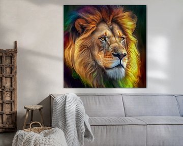 Portrait d'un lion aux cheveux multicolores, illustration sur Animaflora PicsStock