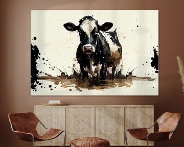 Holsteiner koe kijkt je aan in ink blot stijl van Zeger Knops