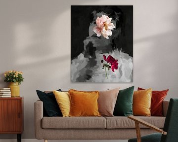 Vintage portrait in black and white with coloured flowers by Carla Van Iersel