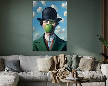 A female "Son of Man" by Rene Magritte, with bowler hat and apple by Roger VDB