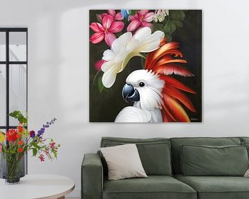 prachtige kaketoe omringd door bloemen van Gelissen Artworks