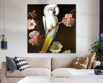 kaketoe omringd door bloemen van Gelissen Artworks