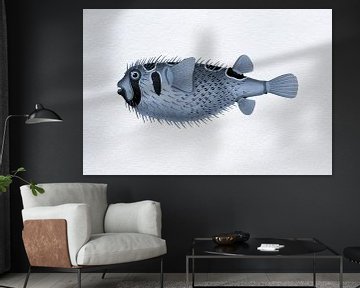 Retro tropical fish.  Vintage art. Black-blotched porcupinefish in blue by Dina Dankers
