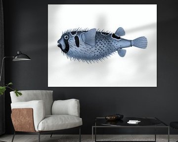 Tropische Fische im Retro-Stil.  Vintage-Kunst. Schwarzgefleckter Igelfisch in Blau von Dina Dankers