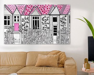Illustration de maison en noir et blanc et en rose sur Lily van Riemsdijk - Art Prints with Color