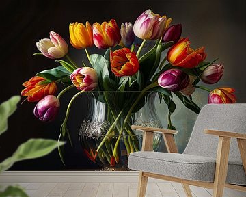 Modern stilleven van tulpen in een glazen vaas