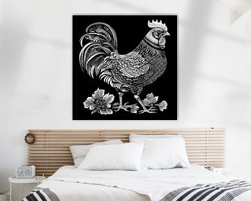 Zwartwitte haan van Vlindertuin-Art