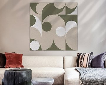 Moderne abstracte minimalistische kunst met geometrische vormen in beige, groen en wit van Dina Dankers