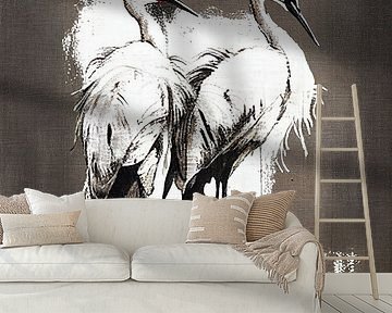 Cranes on linen Black & White by Bianca ter Riet