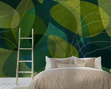Green, blue, black organic shapes. Modern abstract retro  geometric art