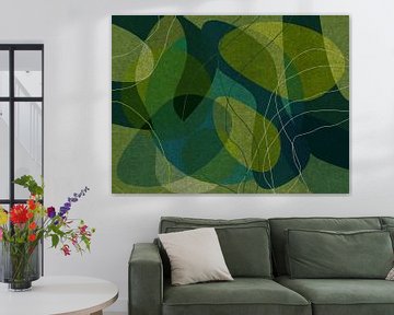 Green, blue, black organic shapes. Modern abstract retro  geometric art by Dina Dankers