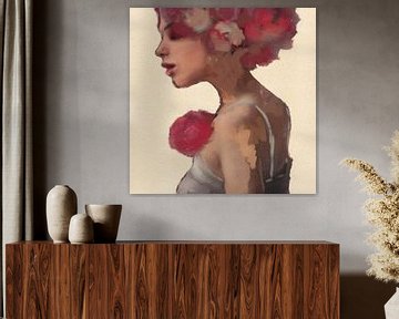 Bloemenmeisje | Digitaal olieverf schilderij met een bohemian twist van MadameRuiz