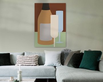 Sparkling wine bottle with two glasses. by DE BATS designs