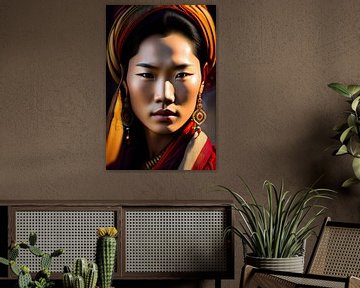 Aziatische dame V. digitaal schilderij van Aziatische tribale dame met aardetinten van Dreamy Faces