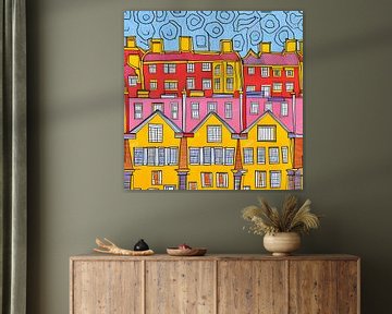 Stad in geel roze rood blauw van Lily van Riemsdijk - Art Prints with Color